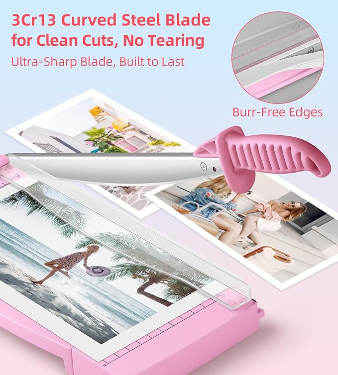 Firbon 12" Guillotine Paper Cutter with Hidden Ruler, Compact Heavy Duty 12-Sheet Capacity Trimmer for Cardstock, Photos, Scrapbooking, Office, Classroom, Studio (Pink)
