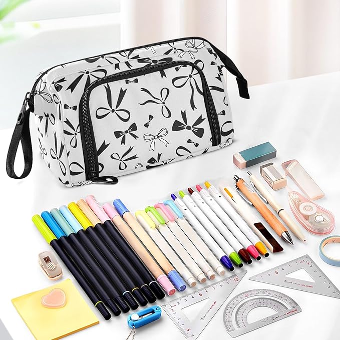 Bow Gray Pencil Case Pouch Big Capacity Pencil Bag Box Organizer Pen Case with Zipper Pencil Cases for Girls Boys Women School College Office