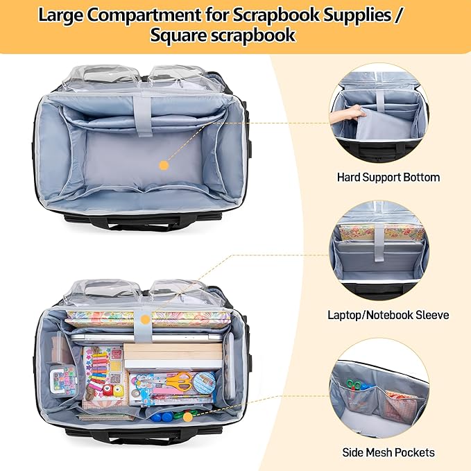 Trunab Rolling Scrapbook Tote with Expandable File Pocket, Large Craft Organizer and Storage Bag with Detachable Trolley for Scrapbooking Supplies and Art Tools (Patented Design)