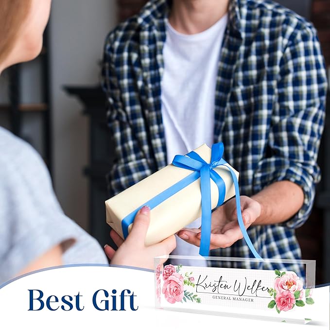 Personalized Office Name Plate, Custom Name Plate for Desks, Office Desk Decorations Gift for Women Men, Acrylic Desk Name Plate for Teacher Coworkers Staff Boss (Pink Flower)