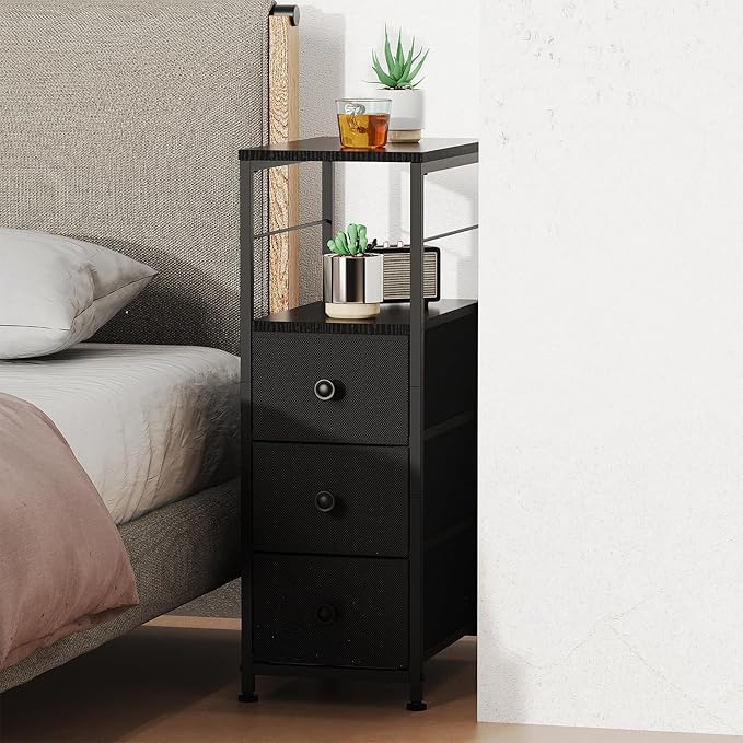 YBING Narrow Dresser, Side Table with 3 Fabric Drawers, Slim Dresser with Open Shelves, Slim Bedside Table for Bedroom, Small Spaces, Black