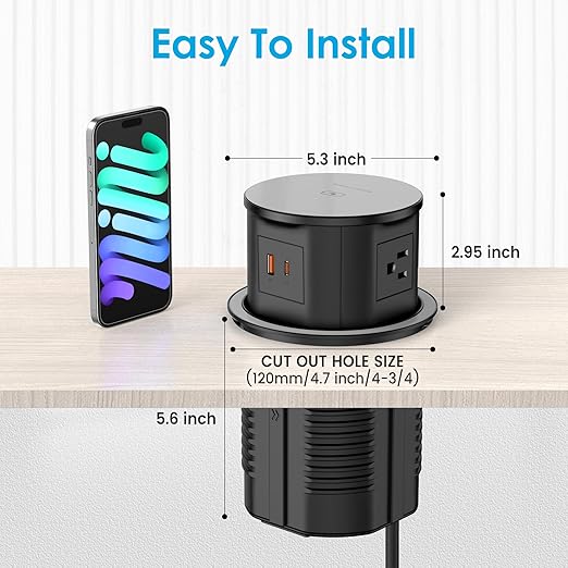 Pop Up Outlet with 15W Wireless Charger, 4 AC Outlets & PD 20W USB Fast Charging, 4.75 inch Desk Hole Power Grommet Connect 6FT Cord for Office, Conference, Kitchen Use(ETL & FCC Listed)