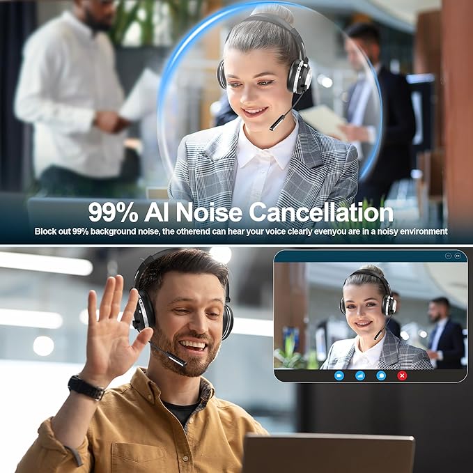 Wantek Wireless Headset with Microphone for Work,Bluetooth Headset with AI Noise Cancelling Mic,Mute Button,USB Dongle & Charging Base with Laptop,Computer,Cell Phone,Remote Work,Call Center