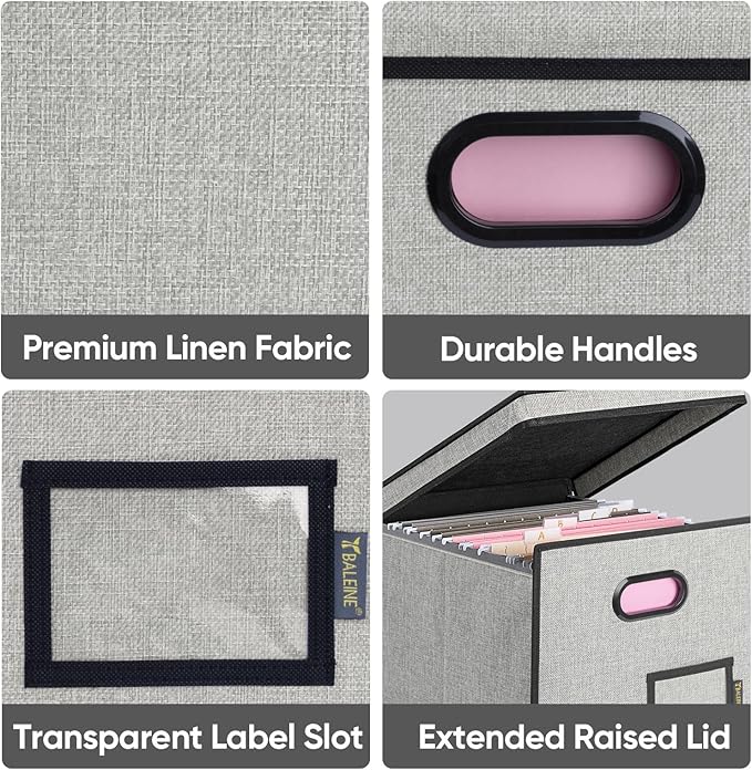 BALEINE File Organizer Box with Lid, Collapsible File Folder Organizer with Plastic Slide, Hanging File Folder Box for Office Document Storage (Tab Friendly, 1 Pack, Beige)