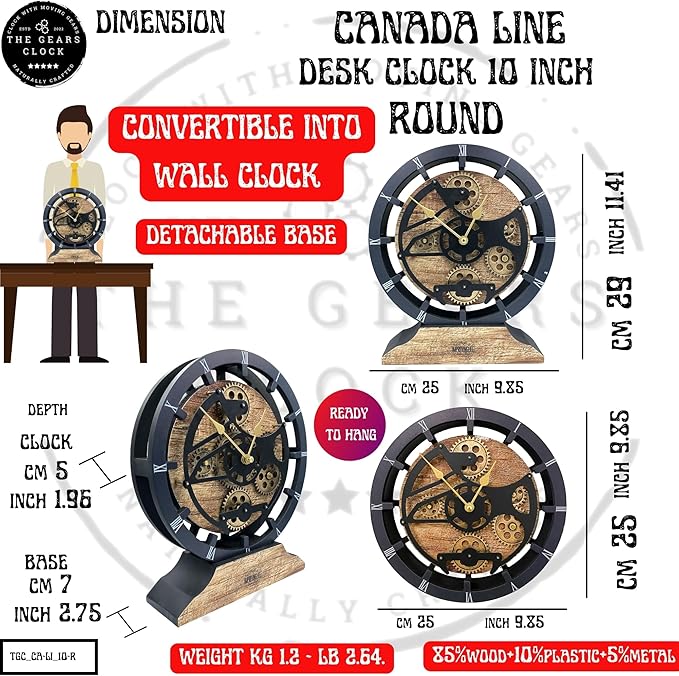 The Gears Clock Desk Clock 10 inches with Real Moving Gears Convertible into Wall Clock (Gold Antique)