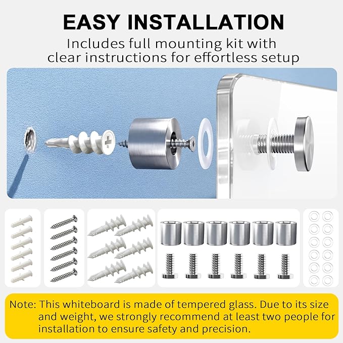 AFMAT Magnetic Glass Whiteboard 96" x 48", 4mm Tempered Glass Dry Erase Board, Large White Board for Wall, w/Magnetic Eraser & Magnets, Frameless Wall Mounted Glass White Board for Office Home School