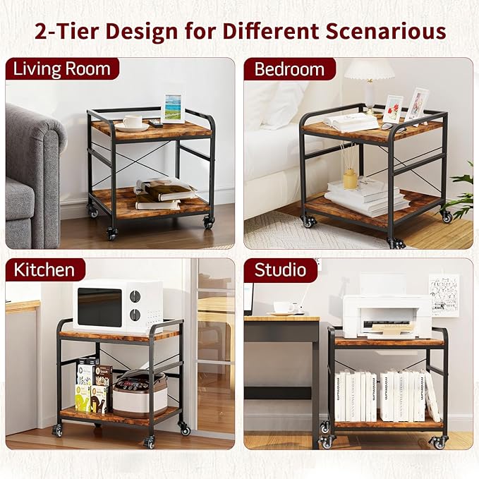 TFK 2 Tier Large Printer Stand with Storage, 20 x 20 Inches Under Desk Printer Table with Adjustable Shelf, Rolling Printers Cart with Wheels for Home Office, Fits Fax /3D Printer/Scanner, Brown