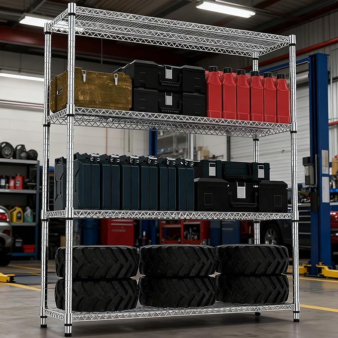 4 Tiers Shelf 2640 lbs Steel Storage Shelving Utility Shelving Unit Steel Organizer Wire Rack for Home,Kitchen,Office,Garage Chrome 17.7" D x 47.2" W x 70.3" H