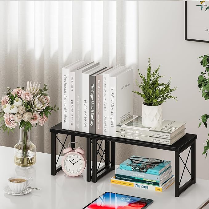 Honiter Desk Shelf Desktop Organizer 2 Tier Wood Small Bookshelf,Rustic Brown Freestanding Adjustable, Organizer, Stackable, Desk Stand, Storage Organizers, Kitchen Counter Display Rack