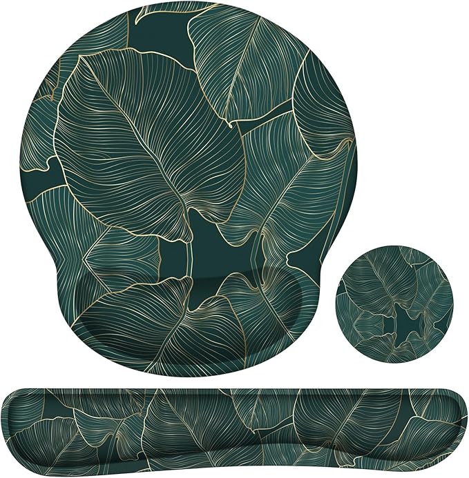iLeadon Ergonomic Mouse Pad with Wrist Support, Easy Typing & Pain Relief, Keyboard Wrist Rest and Mouse Pad Set with Non-Slip Base for Computer Home, Green Leaves