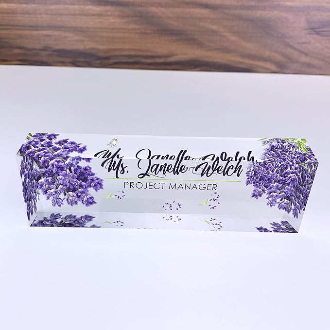 Artblox Personalized Name Plate for Desk | Lavender Design On Clear Acrylic Glass | Custom Desk Name Plate Personalized with Your Name and Credentials for Teacher Phd Military Office Name Plate