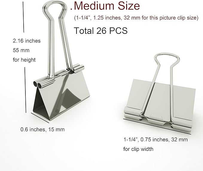 Nctinystore Binder Clips Medium Metal Clamp 1-1/4", 1.25 inch, 32 mm (Silver, 26-PCS)