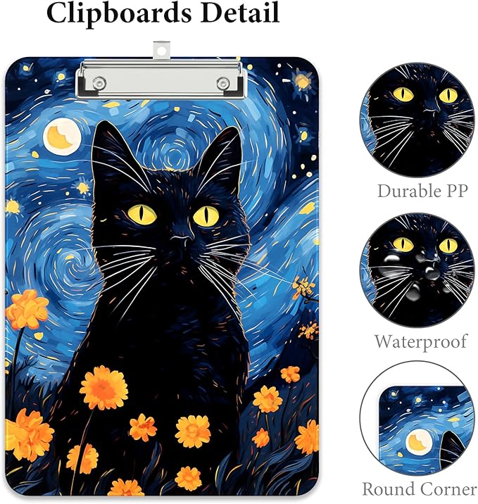 Rimilak Plastic Clipboards with Metal Clip, A4 Letter Size 9 x 12.5 in, Office Decorative for Students Women Men and Kids, Cute Custom Pattern, Starry Sky Cat