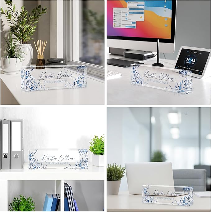 Custom Name Plate for Desk, Personalized Desk Name Plate on Clear Acrylic Glass, Appreciation Gifts for Teacher Employee Boss Coworkers Nurse, Office Desk Accessories for Women Men (Sky Blue)