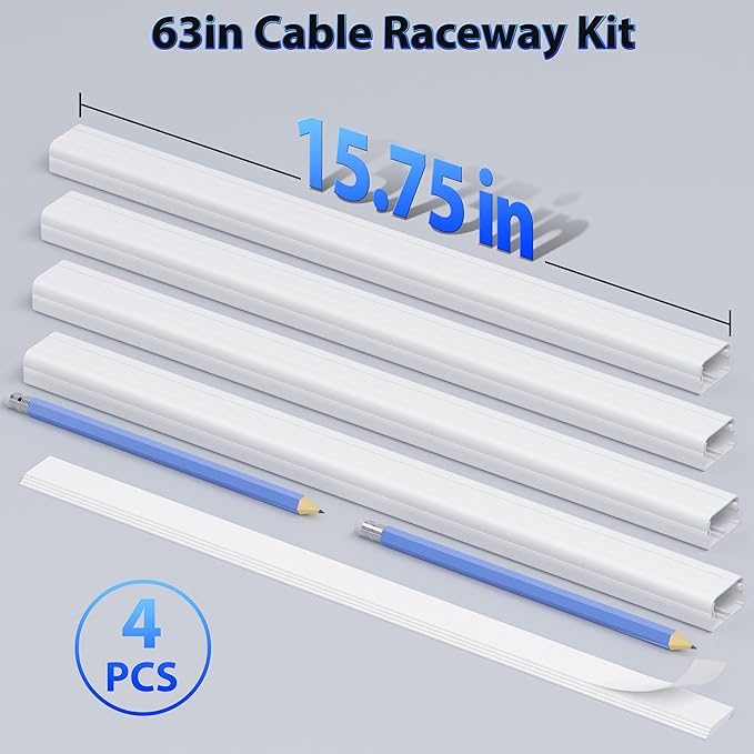 ZhiYo Large Capacity Wire Hiders for TV on Wall, 63in (4xL15.8in) PVC Cable Cover, Snap and Lock Design, White Cord Covers for Wires on Wall