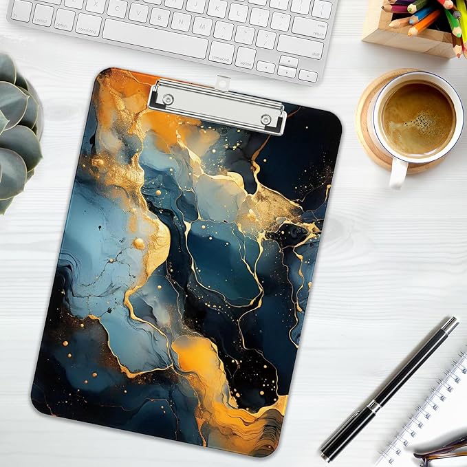 Rimilak Plastic Clipboards with Metal Clip, A4 Letter Size 9 x 12.5 in, Office Decorative for Students Women Men and Kids, Cute Custom Pattern, Black Gold Marble