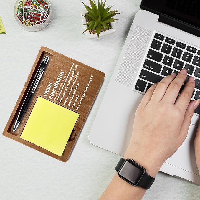 Inspirational Quotes Office Desk Decor Gift, Wooden Desk Note Pen Holder, Motivational Decor for Office Home, Chaos Coordinator Gifts for Colleague Family Friends-A04