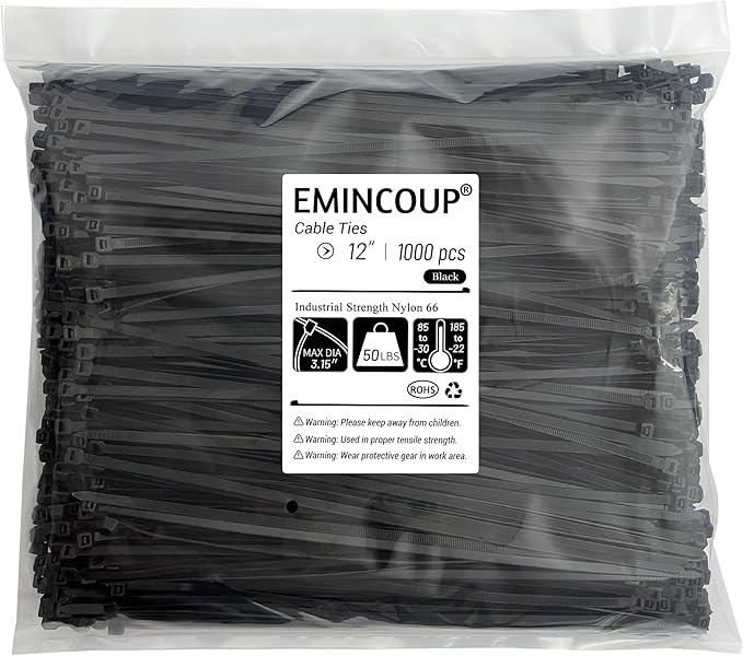 Zip Ties 12 inch 1000 Pack Black, 50 lbs Tensile Strength, Self-Locking Nylon Cable Ties, UV Resistant Plastic Wire Ties for Indoor and Outdoor Use by EMINCOUP
