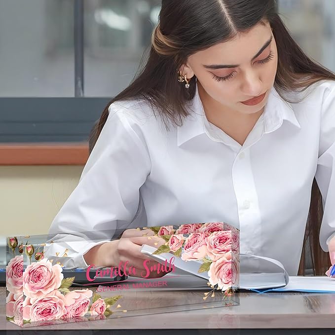 Personalized Name Plate for Desk, Custom Acrylic Desk Name Sign, Office Appreciation Gifts for Women Men Coworkers Boss Teacher Employee (Pink Rose)