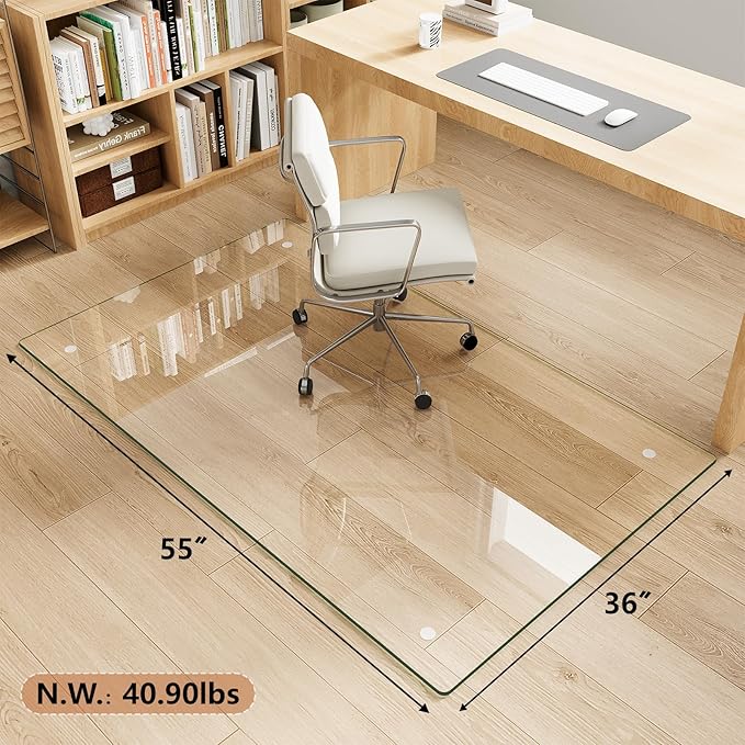 Tempered Glass Chair Mat for Carpet & Hard Floor, 36"x55" Office Chair Mat - Heavy Duty & Scratch Resistant, Non-Slip Pads, Rounded Corners & Polished Edges