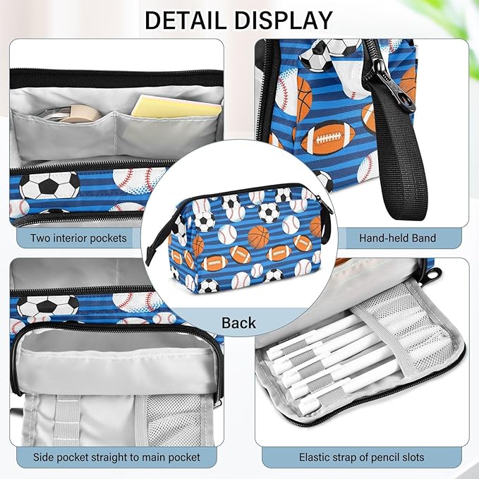 Soccer Balls Blue Pencil Case Pouch Big Capacity Pencil Bag Box Organizer Pen Case with Handle Stationery Organizer for Kids Boys Girls Women College Office