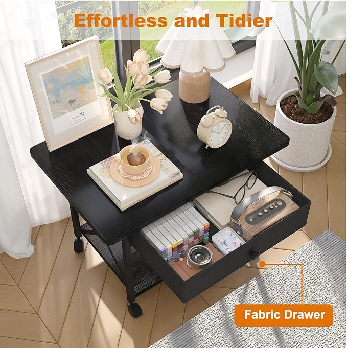 EasyCom 23.6" x 15.7" Under Desk Printer Stand with Storage Drawer, 2-Tier Shelf Desktop Printer Table for Desk with Wheels, Large Rolling Cart for Home Office Fits 3D Printer Scanner Black