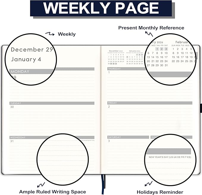 2026 Planner - 2026 Planner Weekly and Monthly, Jan. 2026 - Dec. 2026, 8.5" x 11", Leather Cover Planners with Thick Paper, Back Pocket with Notes Pages - Grey