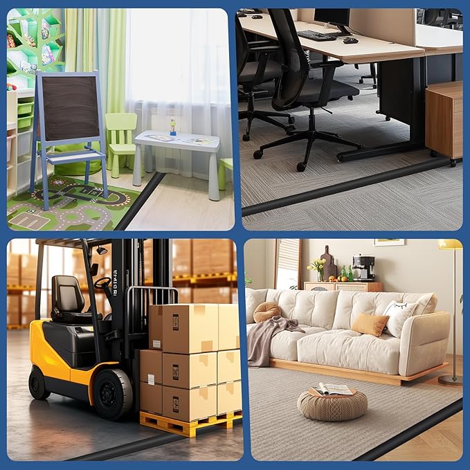 Floor Cord Cover for Wires on Floor Self Adhesive Cord Hider Floor Cable Management Wire Covers for Cords Protector Prevent Cable Trips Cord Cavity W 0.32" x H 0.32", Black, 3.3Ft