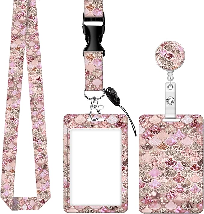 BLOCIT ID Badge Holder with Lanyard - Fashionable ID Card Holders with Retractable Lanyards - Soft Fiber Metal Clip Sturdy Buckle for Key Wallet - Work Nurse Teacher (Colorful Fish Scale)