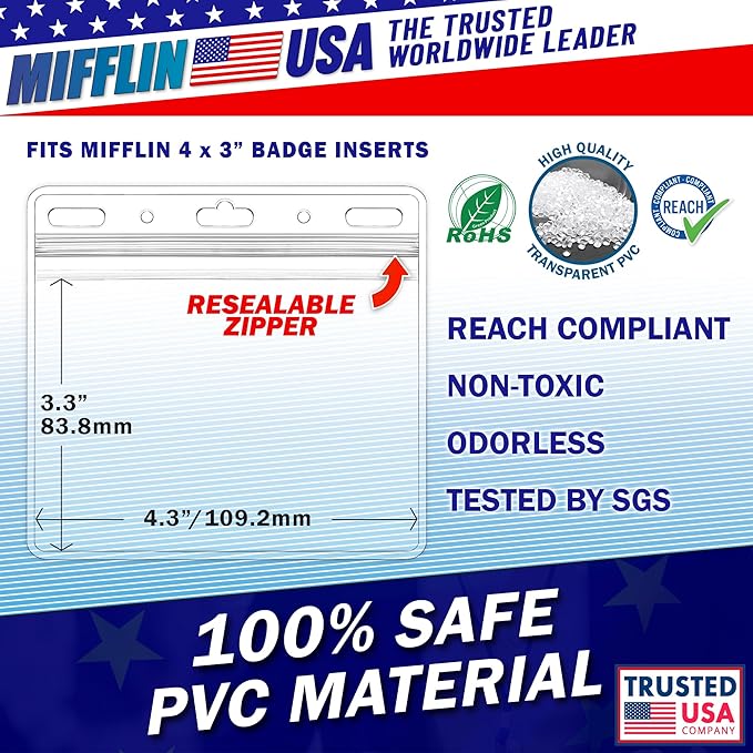 Mifflin-USA Card Protector (Clear, 4x3 Inches, 100 Pack), Waterproof and Resealable Horizontal Plastic ID Name Badge Holders