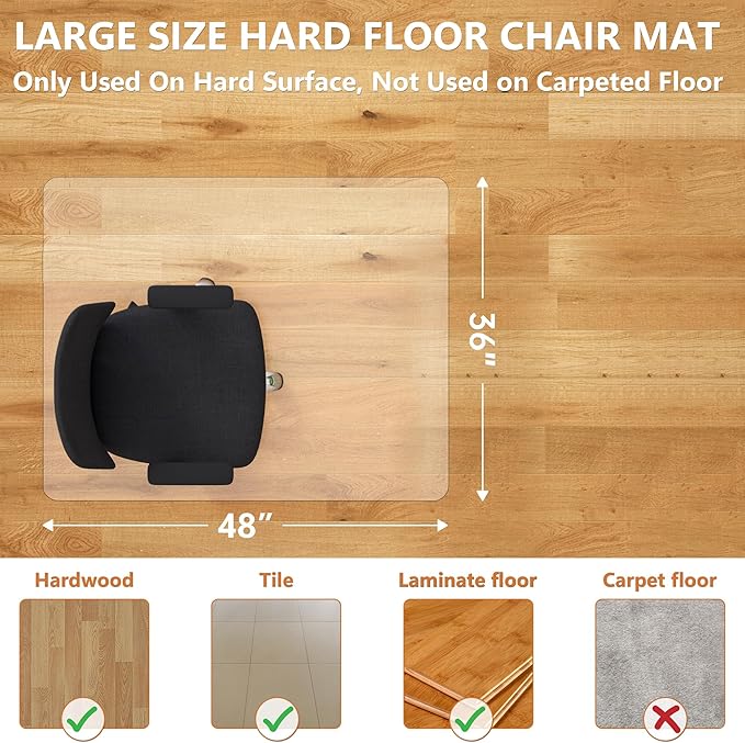 HOMEK Office Chair Mat for Hardwood Floor, 48”x 36” Vinyl Desk Chair Mat Clear Floor Protector Mat for Rolling Chair Office & Home, Easy Glide and Flat Without Curling