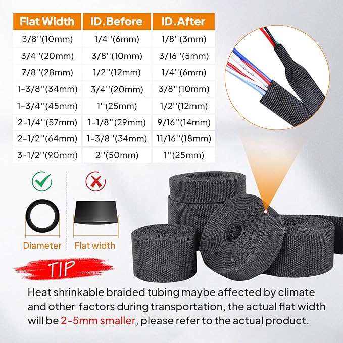 Black 2:1 Ratio Automotive Heat Shrink Braided Sleeving,Wear-Resistant Flat Woven Shrinkable Sleeve Fabric Car Cable Wires Hoses Protection (1-3/8"-26ft)