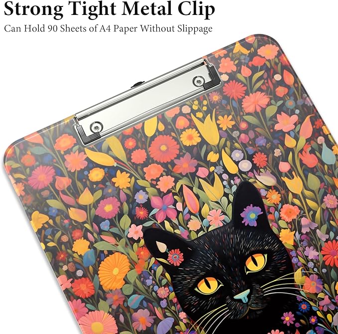 Rimilak Plastic Clipboards with Metal Clip, A4 Letter Size 9 x 12.5 in, Office Decorative for Students Women Men and Kids, Cute Custom Pattern, Flowers Cat
