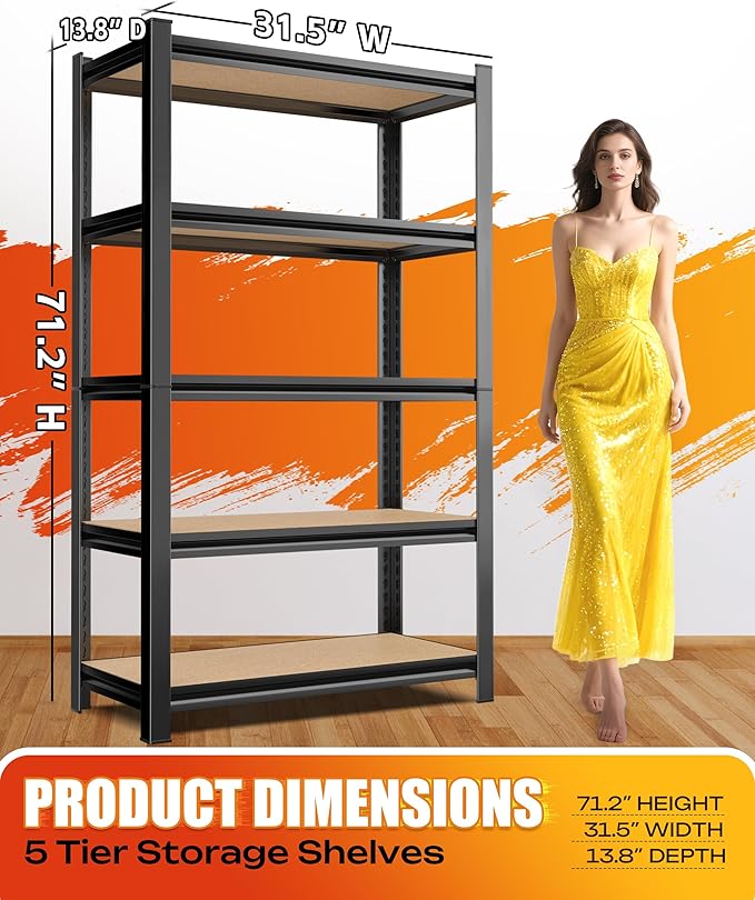 AOAORRG Set of 3 Garage Shelving Heavy Duty Storage Shelves, 5-Tier Metal Adjustable Shelving Unit, Utility Garage Organizer Shelf Rack for Basement, Pantry, Warehouse, 31.5"W x 13.8"D x 71.2"H, Black