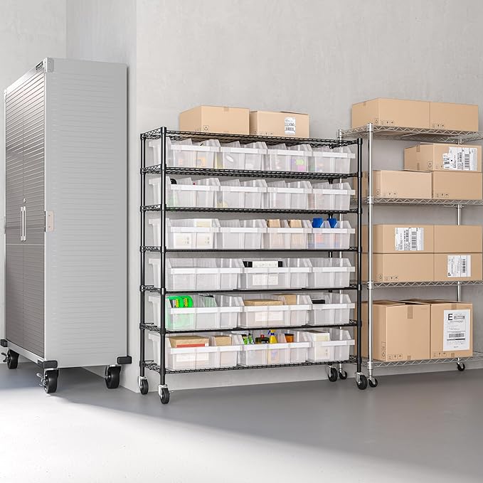 Seville Classics Heavy Duty NSF Bin Rack Solid Steel Wire Shelving Storage Unit, Patented Organizer for Garage, Warehouse, Office, Restaurant, Classroom, Kitchen, Translucent, Includes 21 Bins