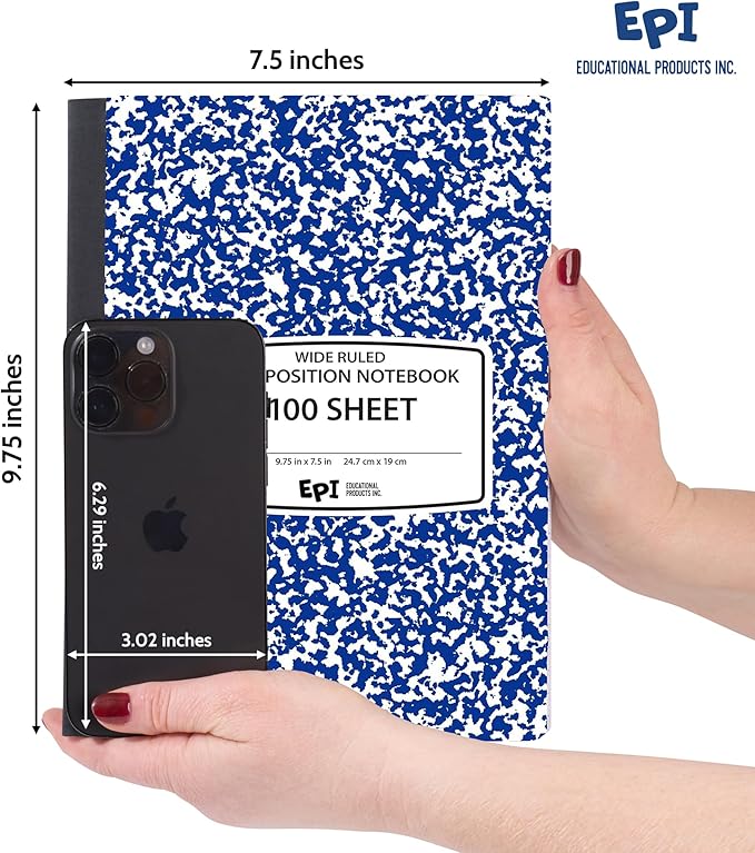 4 Pack EPI Wide Ruled Blue Cover Composition Notebook, Bulk, 200 pages (100 Sheets), 9-3/4 x 7-1/2, Marble, Bulk School Supplies, Hard Cover, Durable, Office Notebooks, Sturdy Sewn Binding