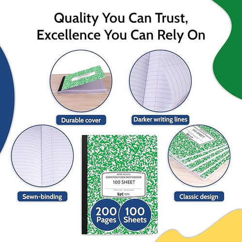 4 Pack EPI Wide Ruled Green Cover Composition Notebook, Bulk, 200 pages (100 Sheets), 9-3/4 x 7-1/2, Marble, Bulk School Supplies, Hard Cover, Durable, Office Notebooks, Sturdy Sewn Binding