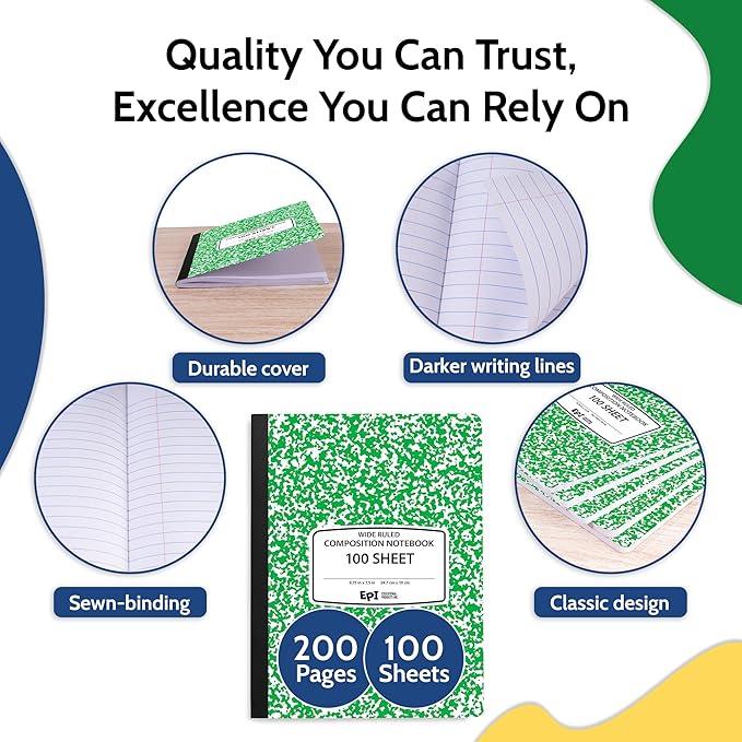 EPI 24 Pack - Green Marble Composition Notebook - Wide Ruled 200 Page Note Book - 9.75 x 7.5 Inch Hardcover Journal with Sewn Binding for Secure Pages - Classroom Back To School Supplies