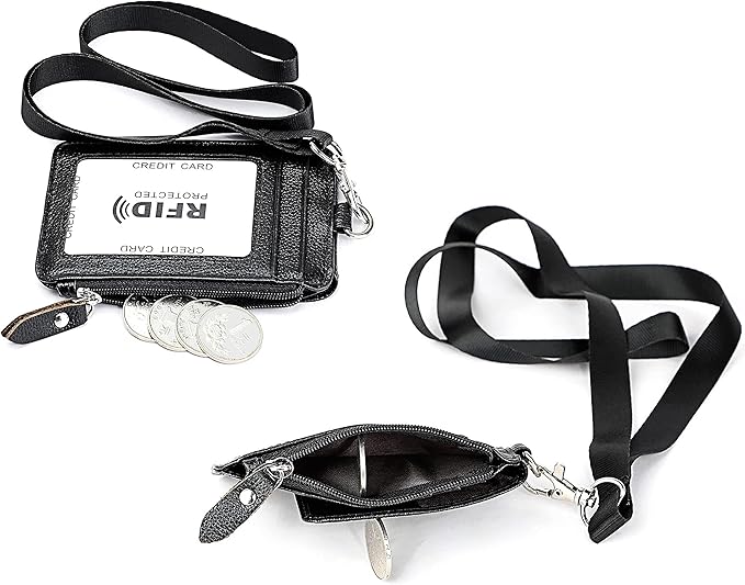 Aslana Genuine Leather ID Badge Card Holder with Lanyard, Mini Wallets, RFID Blocking Protection (A3- Tan)