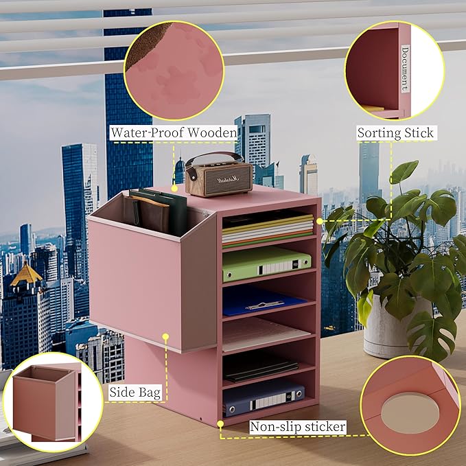 6 Tier Adjustable Countertop Mail Sorter, Mailboxes With Name Slots, Literature Organization Paper Storage Slot, Office Desk File Organizer, Wooden Desktop Mailbox for Classroom(Pink, 6 Slots)