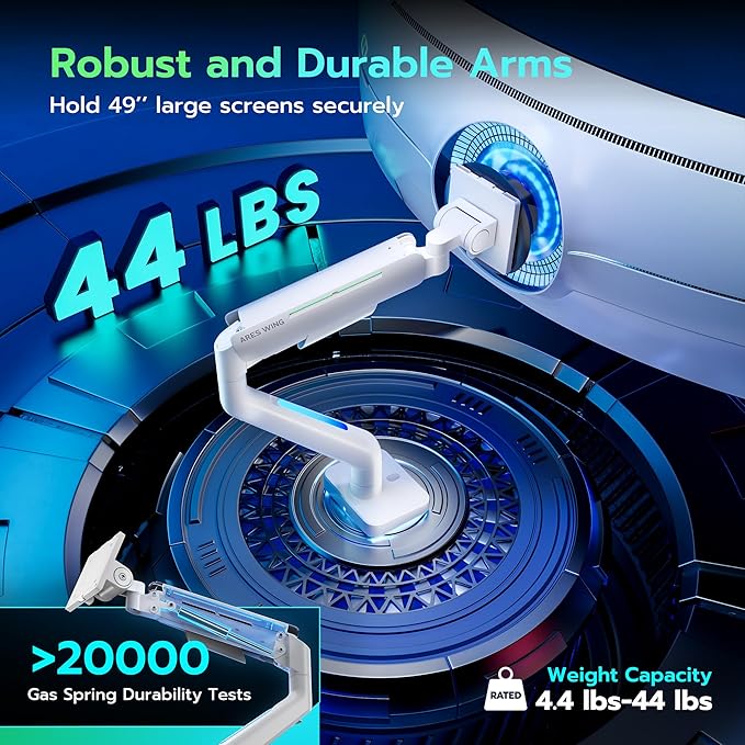 Ultrawide Monitor arm for 17-49'' Heavy Duty Screen up to 44lbs, Gas Spring Single Monitor Arm with RGB Light, Adjustable Gaming Computer Monitor Arm for Desk, White