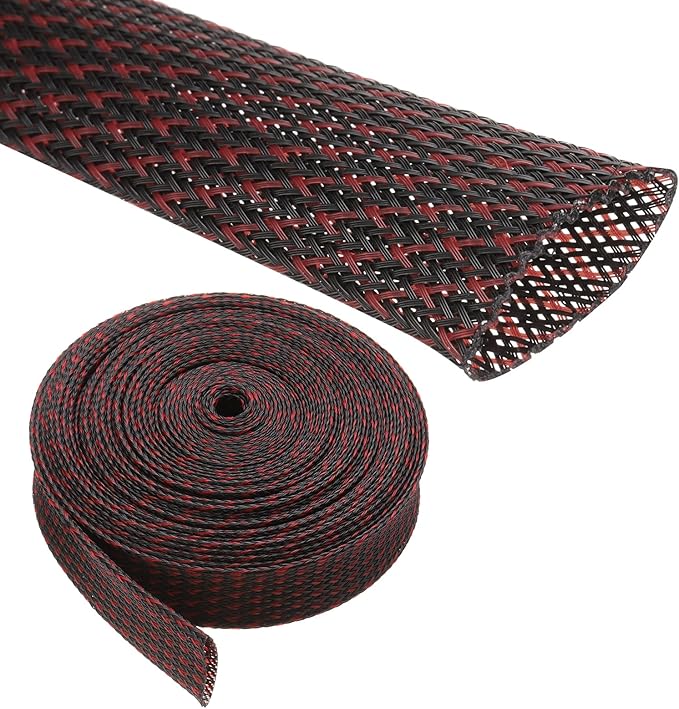 25ft PET Expandable Wire Loom 1.25 Inch, PET Braided Wire Sleeving Cable Management Sleeve Tubing [for Audio Video Home Office Cord Protector]-Black, Red