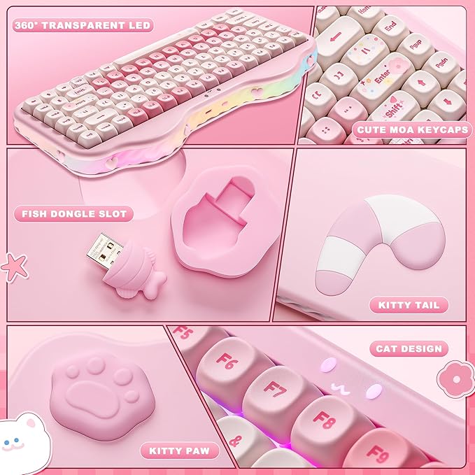 YUNZII C75 Wireless Mechanical Keyboard,75% Layout, Hot-Swappable NKRO,BT5.0/2.4G/USB-C Mode,Dye-Sub PBT MOA Keycaps,RGB Gasket Mount,Cute Cake Design for Mac/Win/Gaming (Pink, Milk V2 Switch)