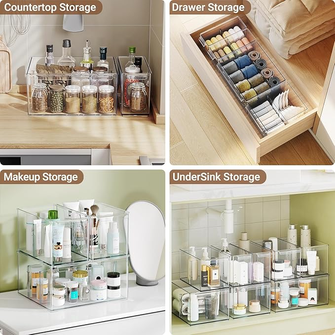 Clear Plastic Storage Bins 3 Pack, Stackable Storage Containers with Dividers, Tall 6" Thicken Storage Drawer Organizer Boxes for Pantry Kitchen Cabinets Fridge Vanity Makeup Craft C6-2
