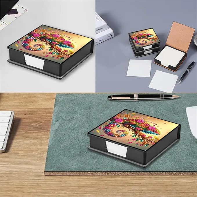 Chameleon Diamond Painting Note Box Memo Pad Holder, Diamond Art Sticky Notes Organizer for Desk, Aesthetic Stationery Storage Case for Office,School Supplies (Chameleon)