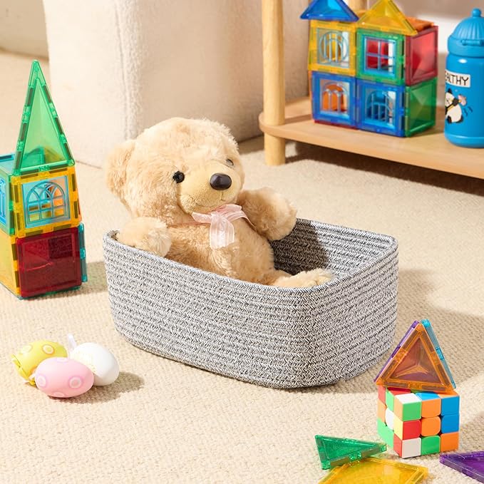 Small Storage Baskets for Organizing | Closet Organizer Bins | Shelf Toy Basket | Woven Rope Baskets | Cube Decorative Box | Shallow Basket | 11.5x7.5x4.7” | 3 Packs Mixed Grey
