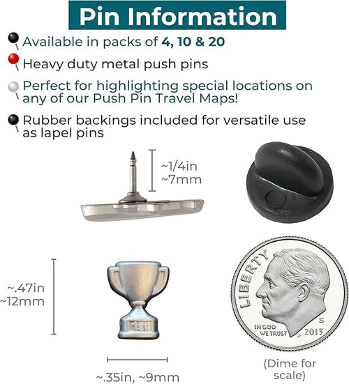 1st Place Trophy Push Pins - Silver First Place Trophy Map Pins for Cork Boards, Maps, or Lapel Use - Designed in USA - Set of 20