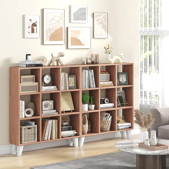 Giantex 9-Cube Open Bookcase, 3-Tier Freestanding Bookshelf with 4 Slanted Legs & 6 Removable Shelves, Modern Cubby Storage Organizer, Wood Display Book Shelf for Living Room Bedroom Study, Brown
