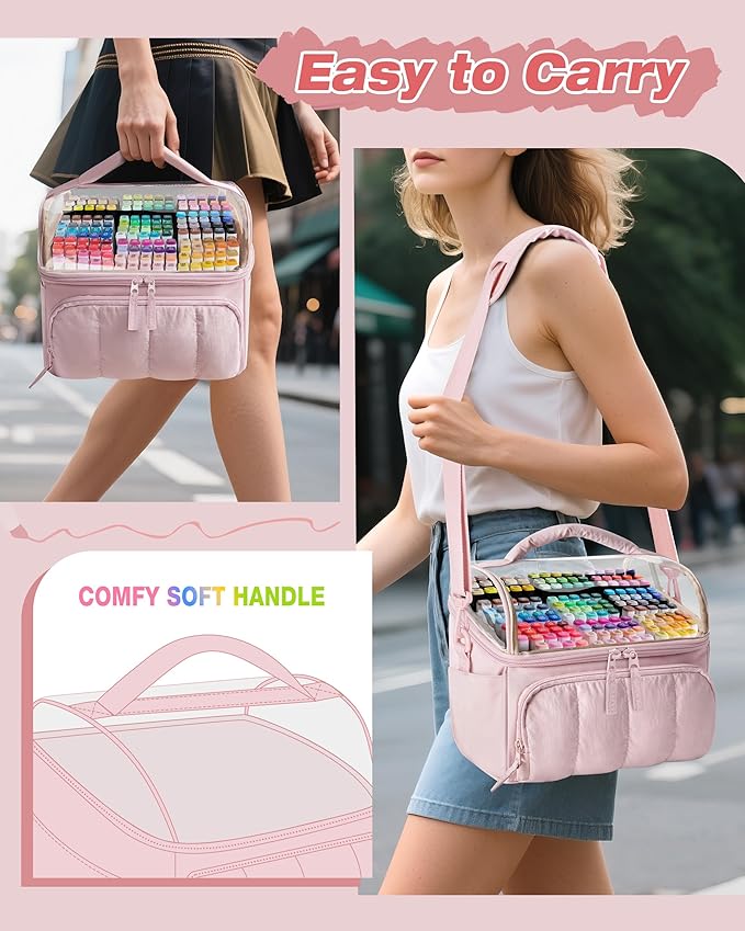 Quilted Marker Organizer Case Holds 180 Markers, Marker Storage Organizer Bag with Dividers and Multiple Pockets (Bag Only), Pink