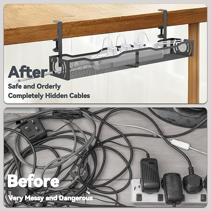 Cable Management, 25.3'' Under Desk Cable Management Tray No Drill, Metal Cable Organizer with Clamp for Wire Management, Cord Organizer for Home Office, Desk Accessories Organizer, Black